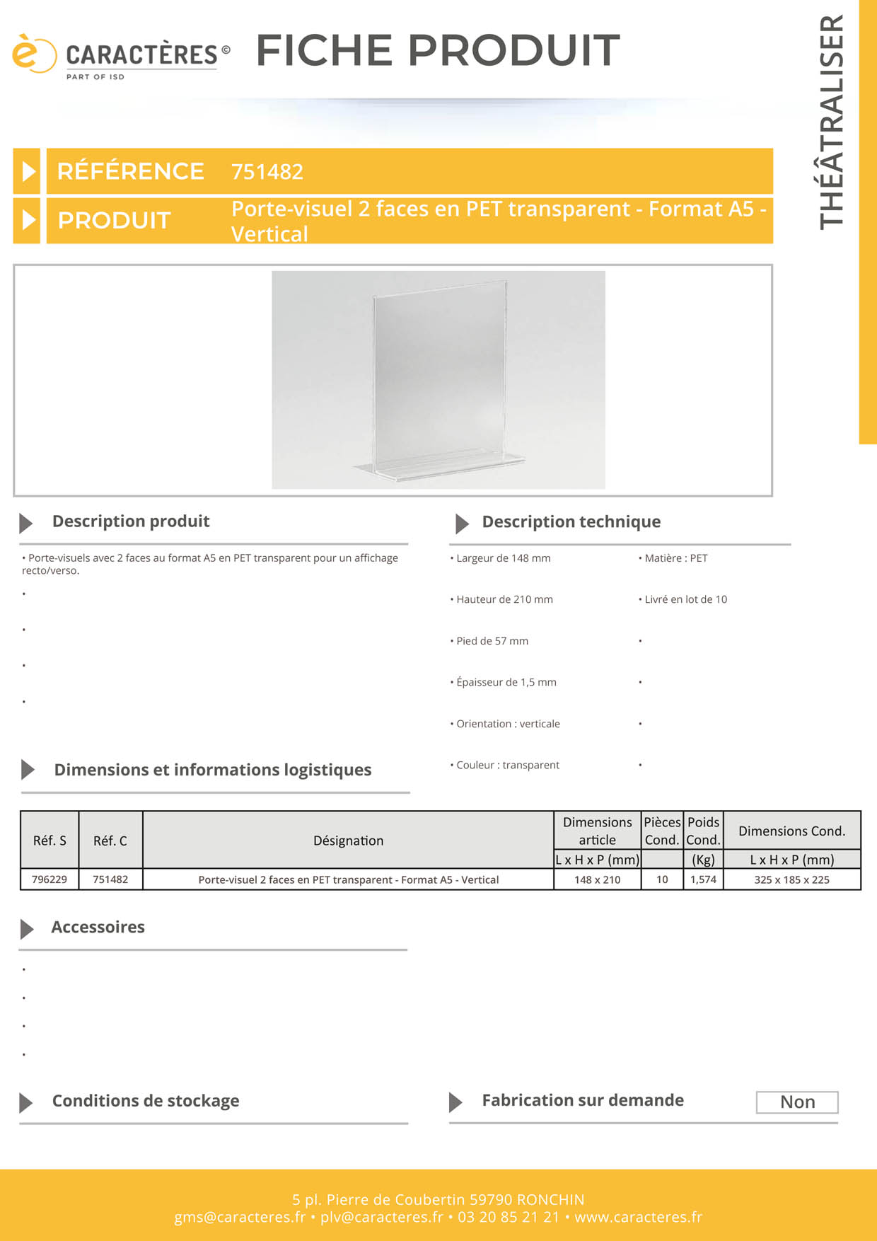 Porte-visuel 2 faces en PET transparent - Format A5 - Vertical