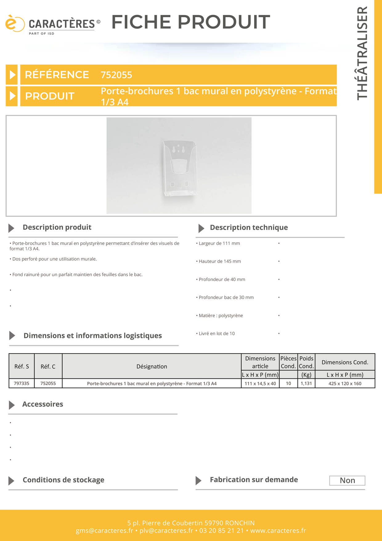 Porte-brochures 1 bac mural en polystyrène - Format 1/3 A4