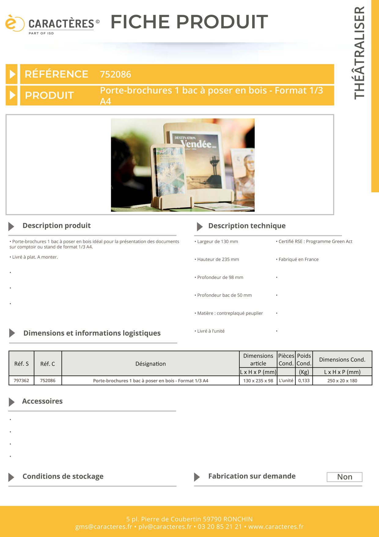 Porte-brochures 1 bac à poser en bois - Format 1/3 A4