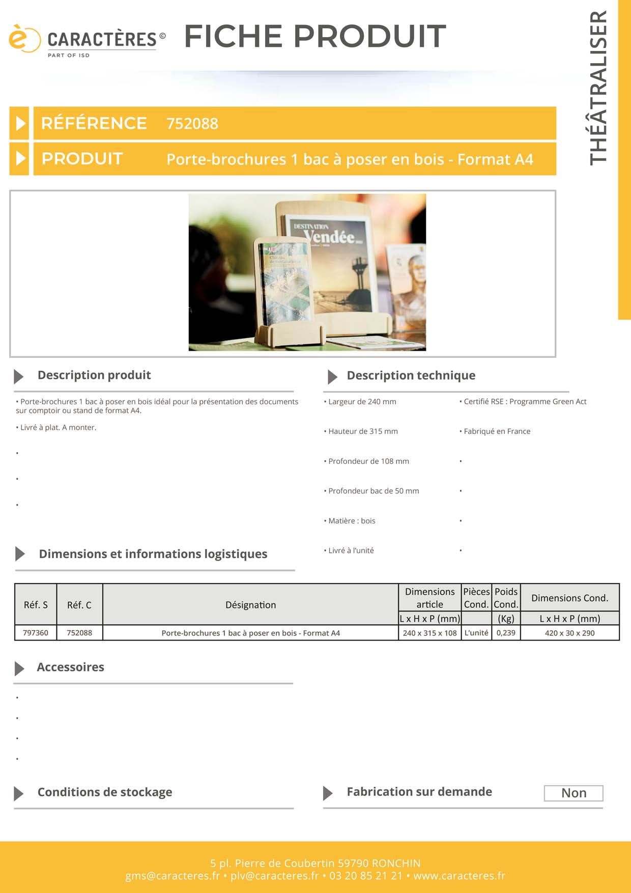 Porte-brochures 1 bac à poser en bois - Format A4