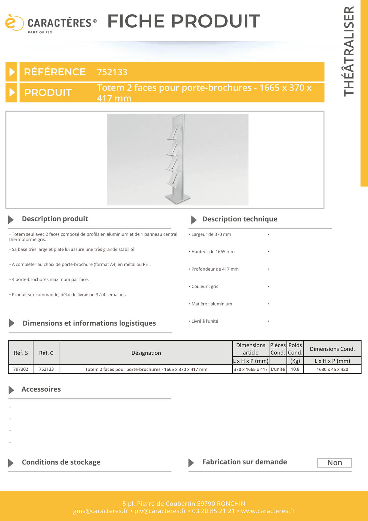 Totem 2 faces pour porte-brochures - 1665 x 370 x 417 mm