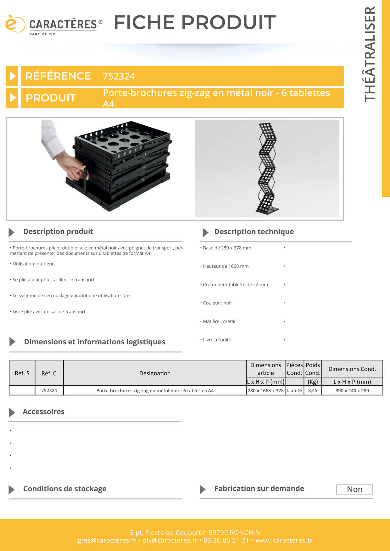 Porte-brochures zig-zag en métal noir - 6 tablettes A4