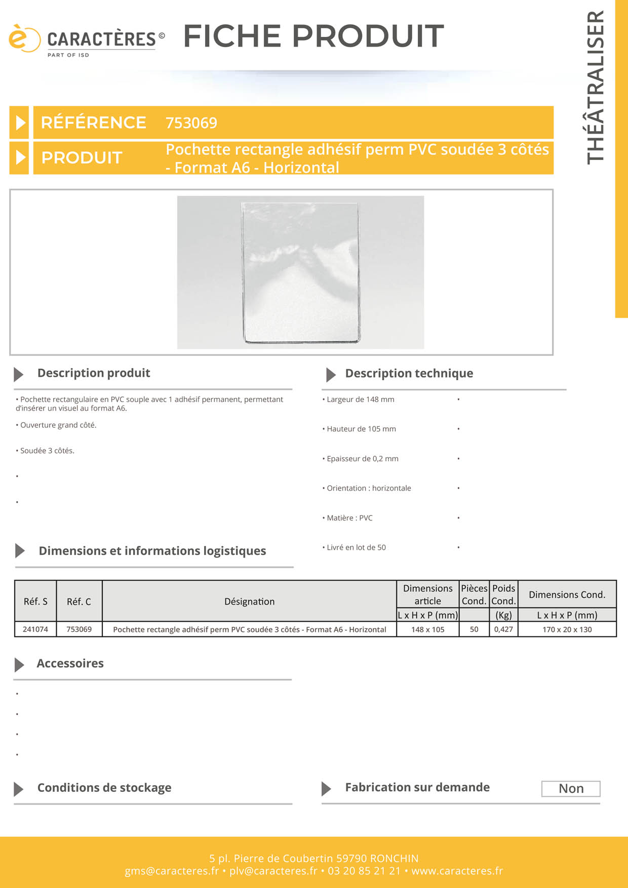 Pochette rectangle adhésif perm PVC soudée 3 côtés - Format A6 - Horizontal