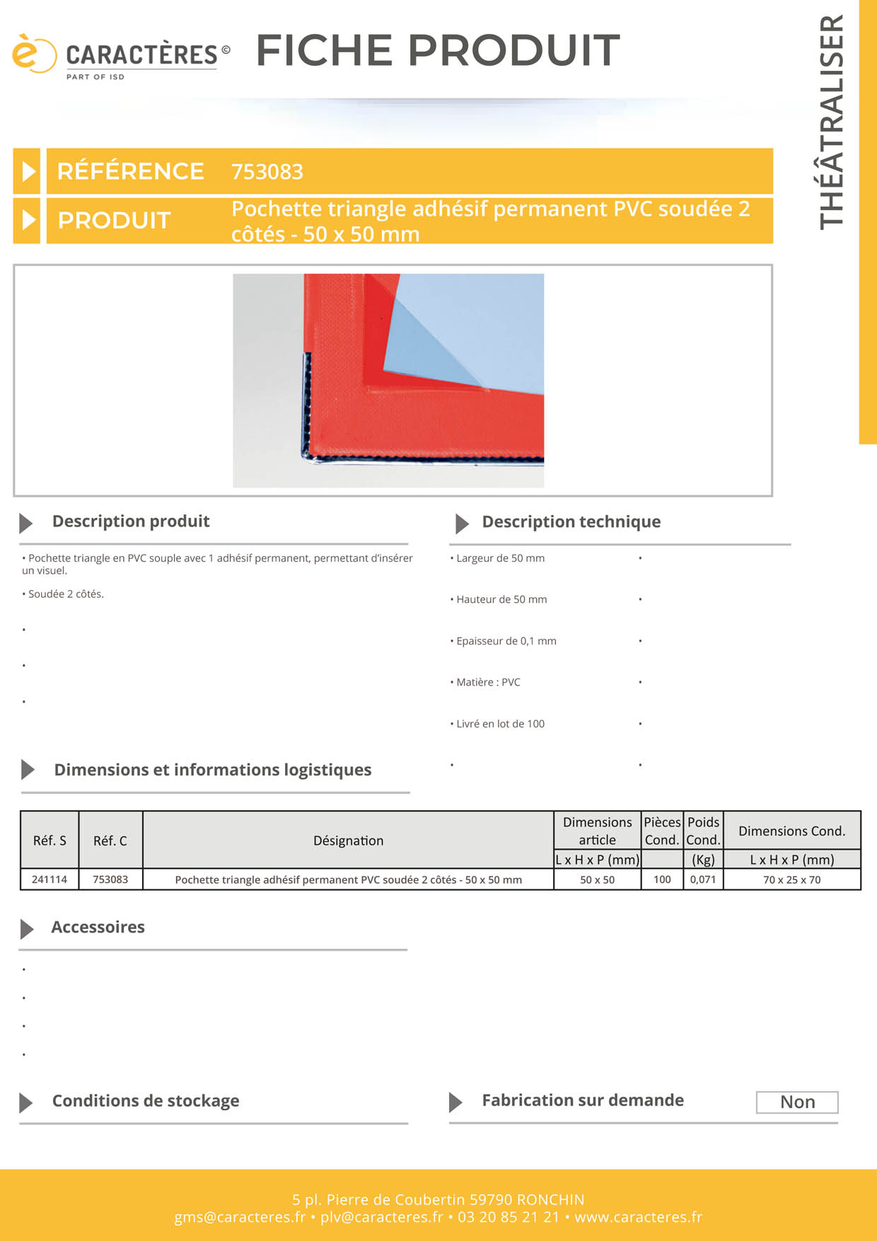 Pochette triangle adhésif permanent PVC soudée 2 côtés - 50 x 50 mm