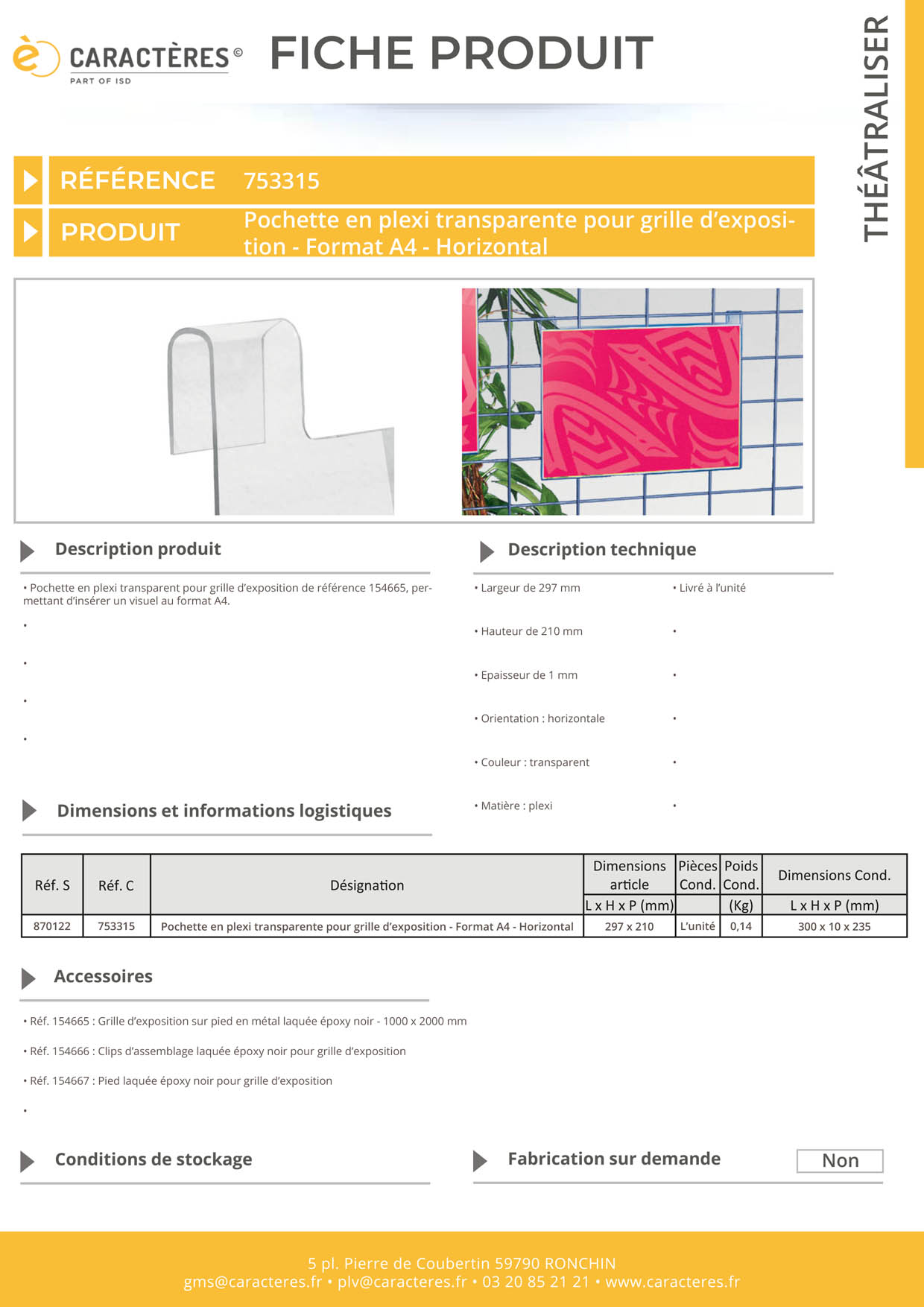 Pochette en plexi transparente pour grille d'exposition - Format A4 - Horizontal