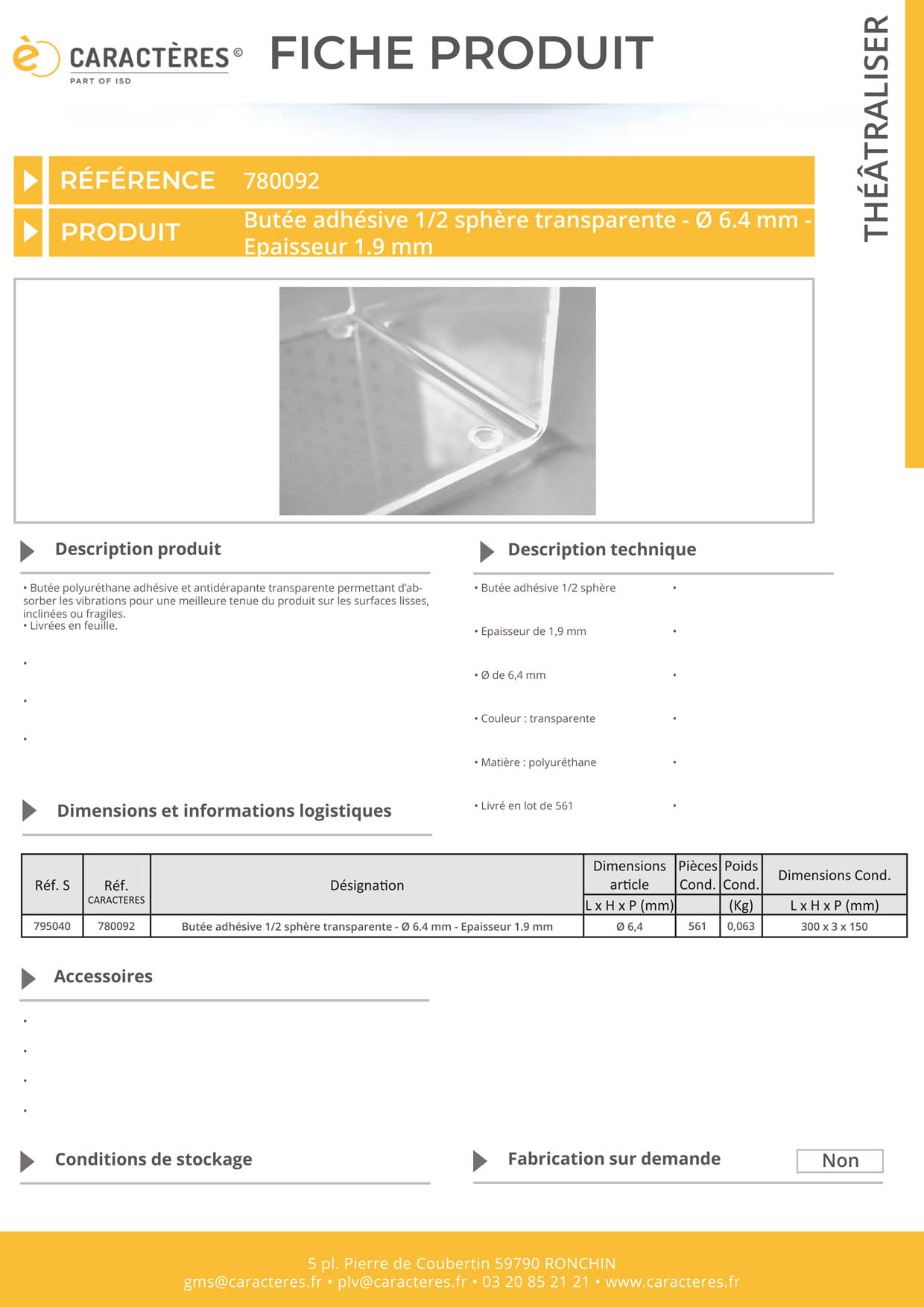 Butée adhésive 1/2 sphère transparente - Ø 6.4 mm - Epaisseur 1.9 mm