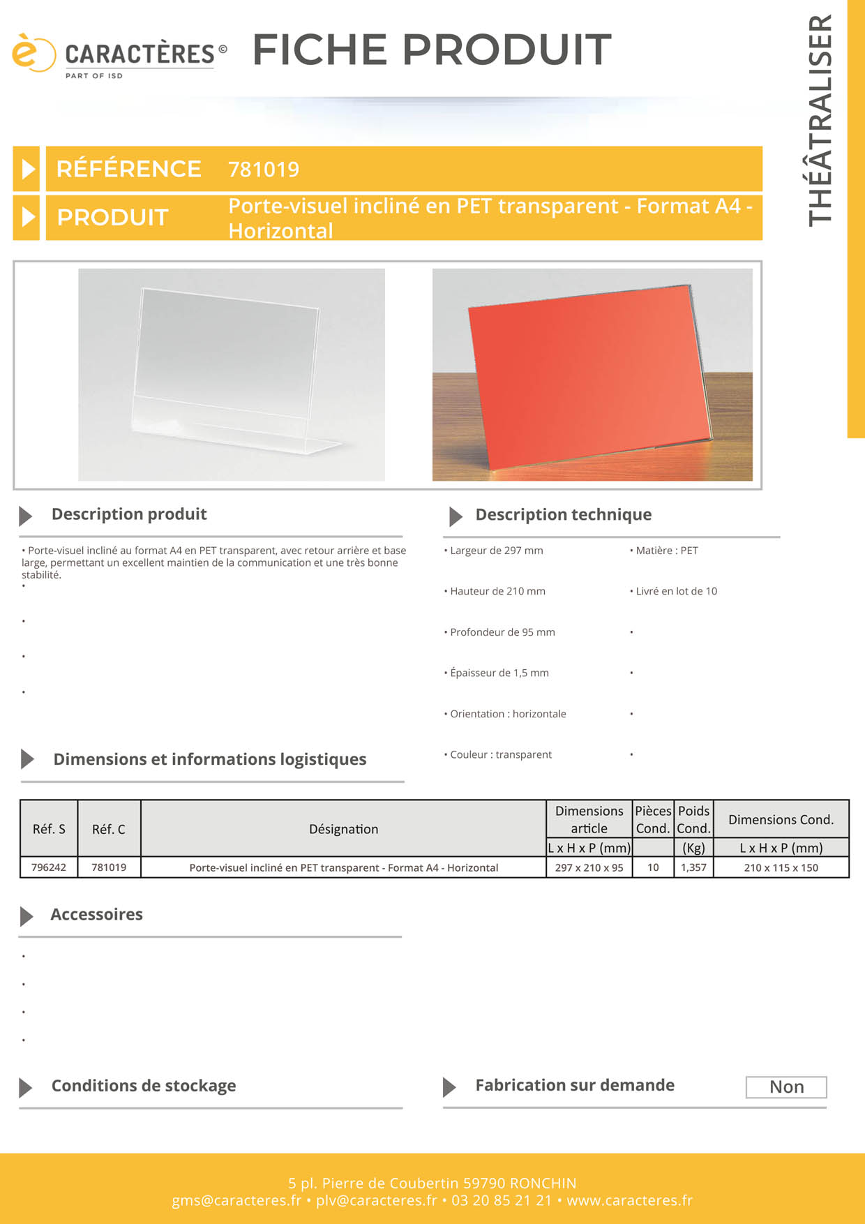 Porte-visuel incliné en PET transparent - Format A4 - Horizontal