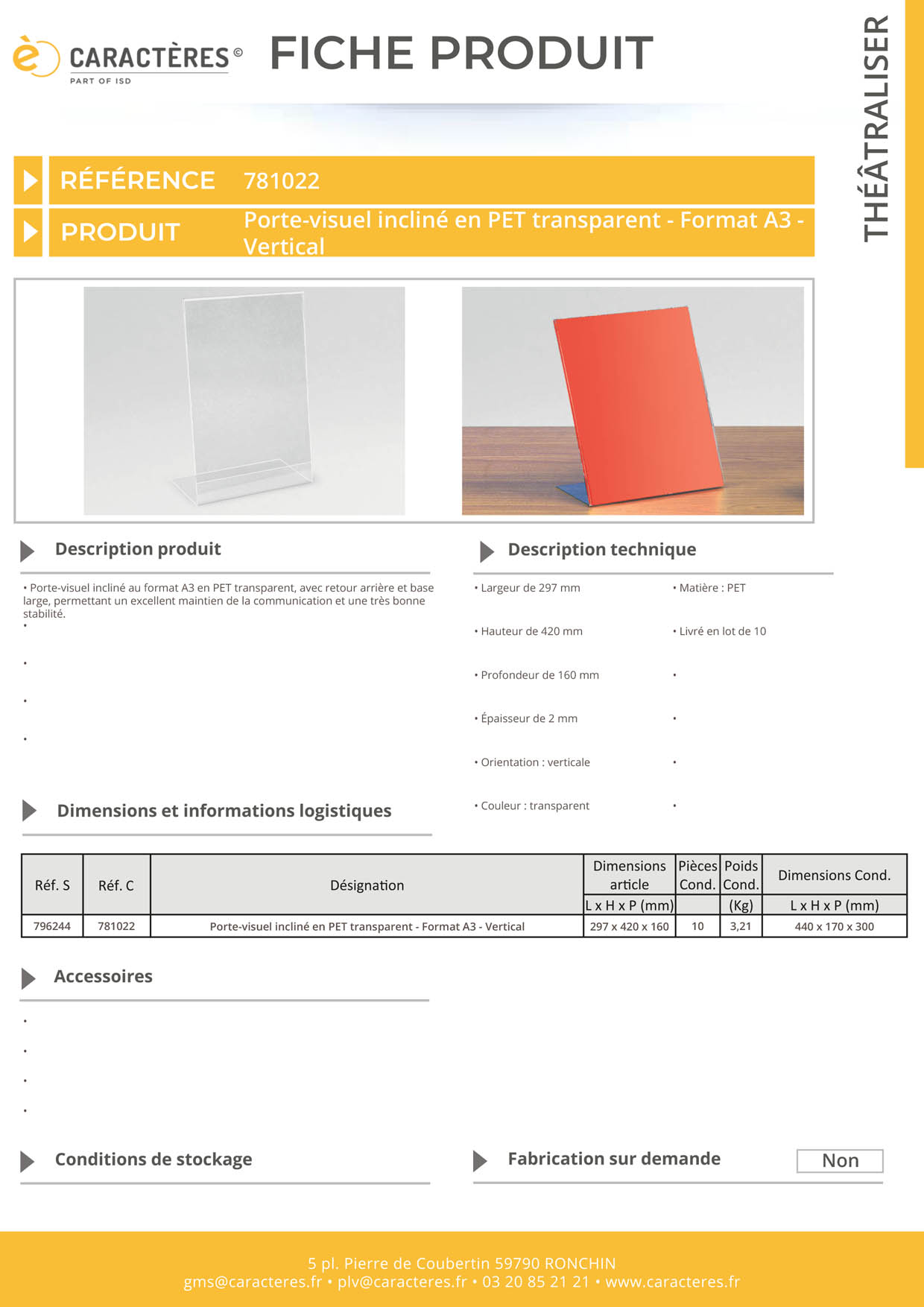 Porte-visuel incliné en PET transparent - Format A3 - Vertical