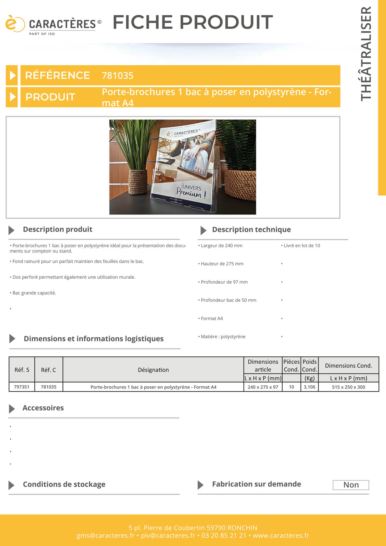 Porte-brochures 1 bac à poser en polystyrène - Format A4
