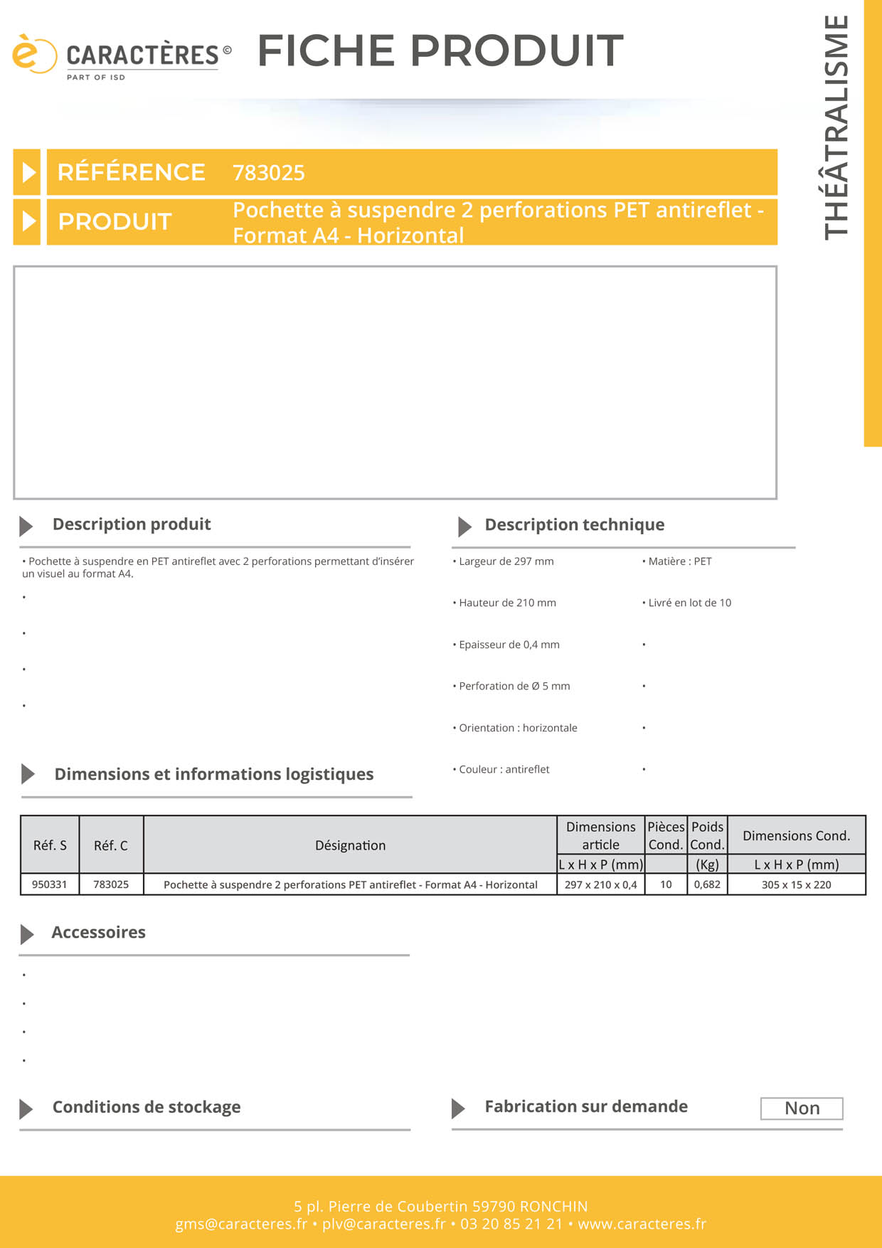 Pochette à suspendre 2 perforations PET antireflet - Format A4 - Horizontal