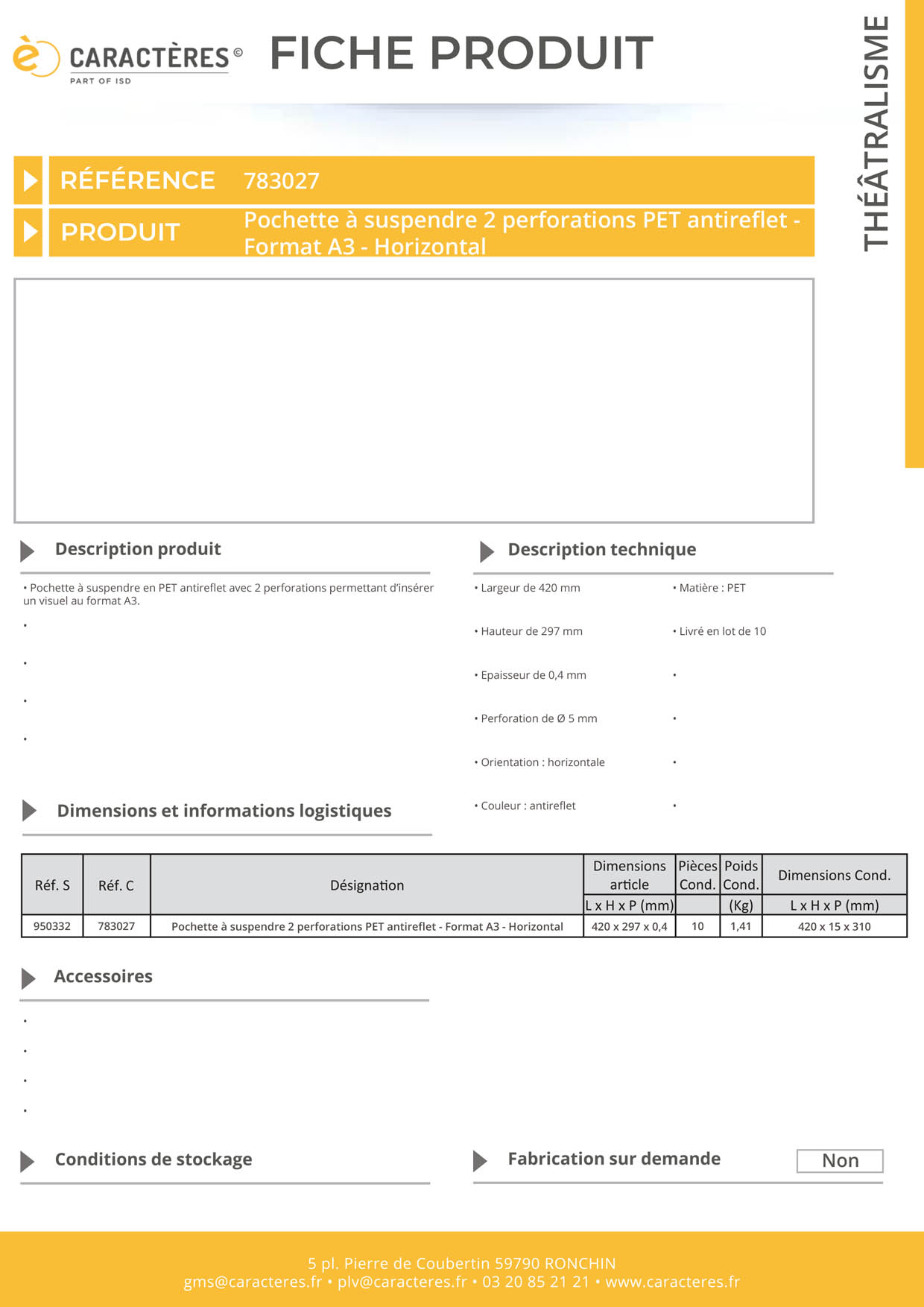 Pochette à suspendre 2 perforations PET antireflet - Format A3 - Horizontal