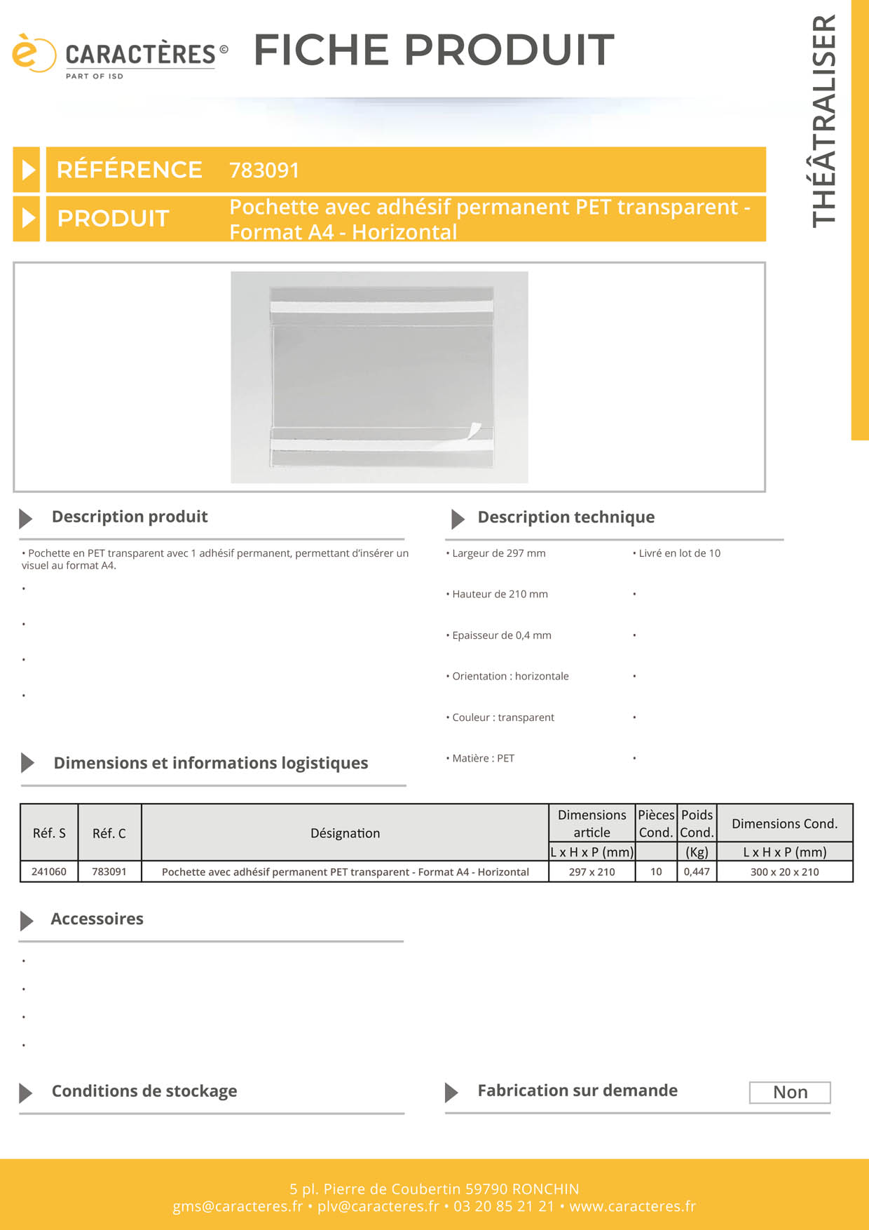 Pochette avec adhésif permanent PET transparent - Format A4 - Horizontal