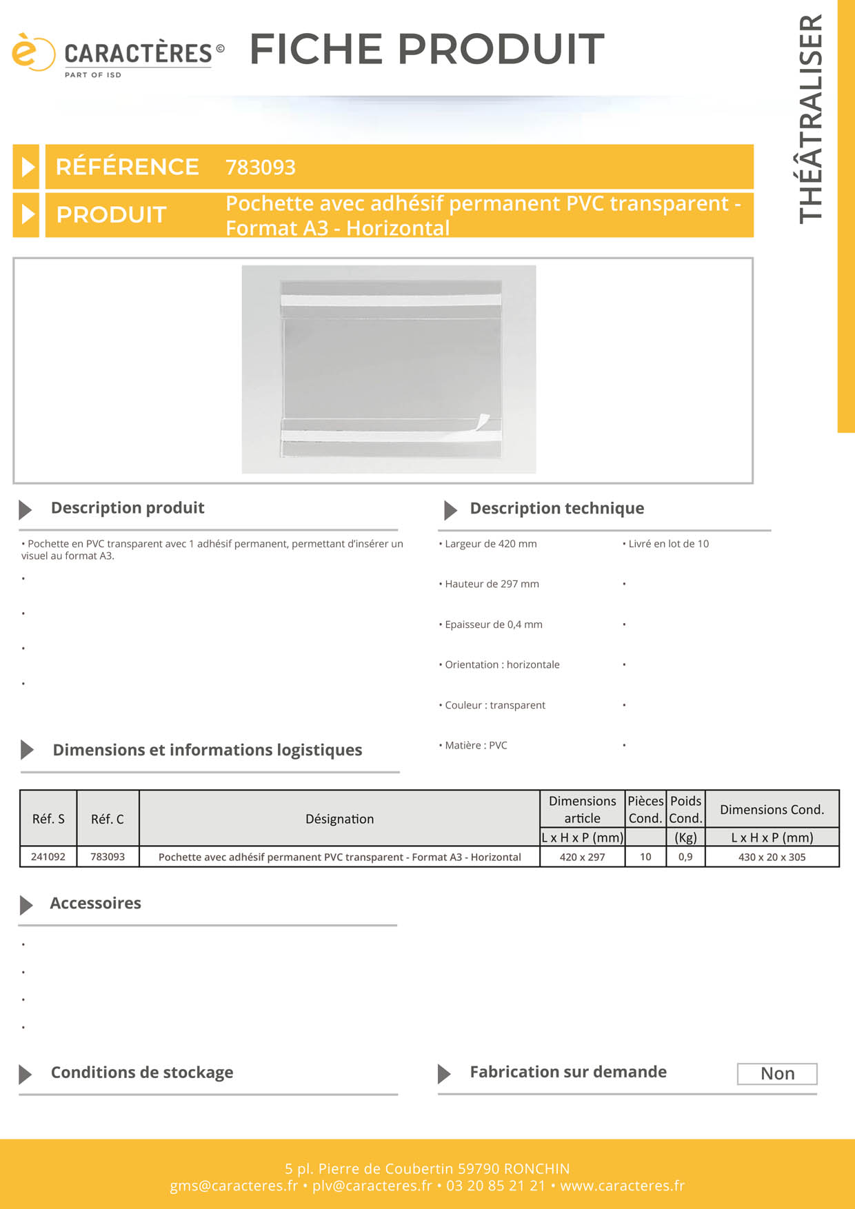 Pochette avec adhésif permanent PVC transparent - Format A3 - Horizontal