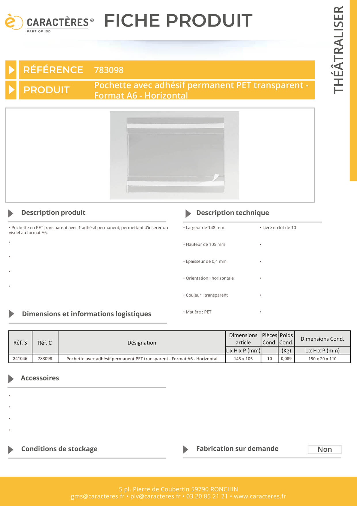 Pochette avec adhésif permanent PET transparent - Format A6 - Horizontal
