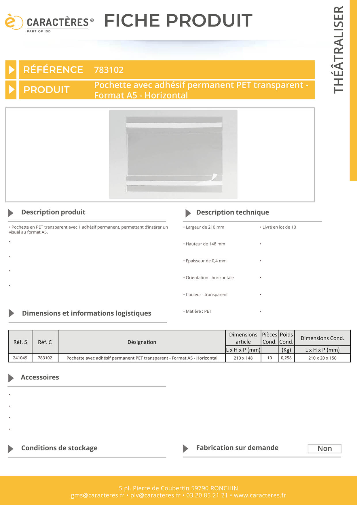 Pochette avec adhésif permanent PET transparent - Format A5 - Horizontal