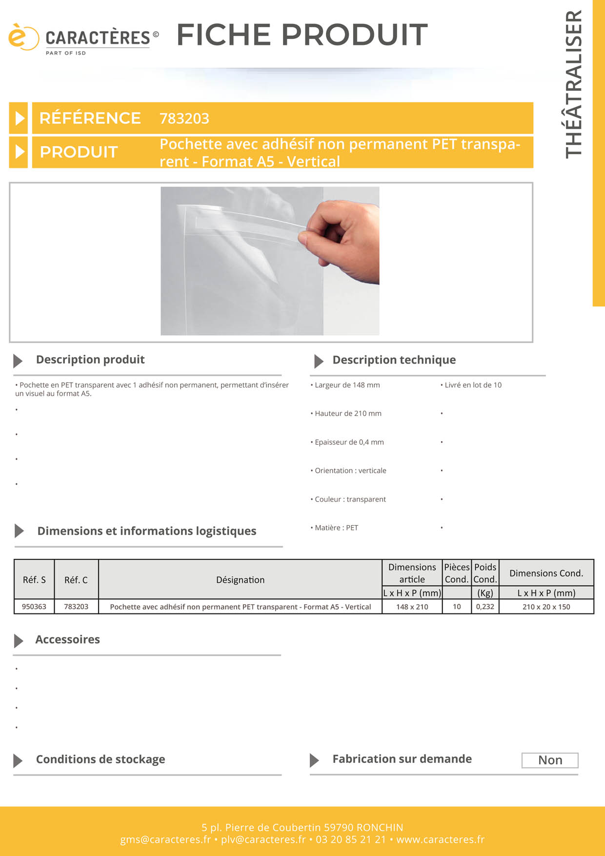 Pochette avec adhésif non permanent PET transparent - Format A5 - Vertical