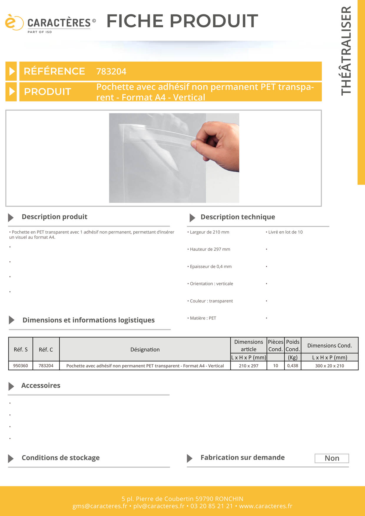 Pochette avec adhésif non permanent PET transparent - Format A4 - Vertical