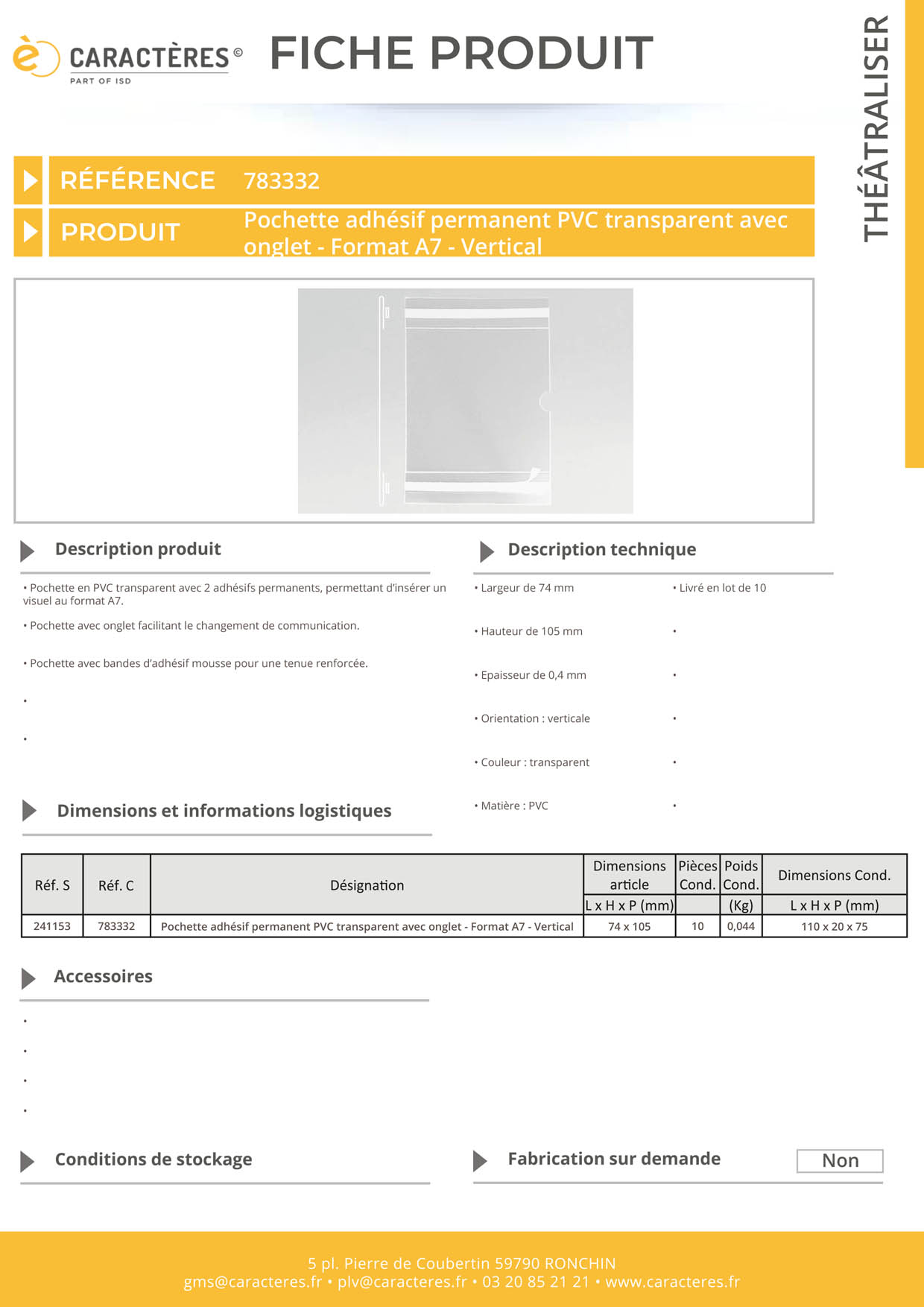 Pochette adhésif permanent PVC transparent avec onglet - Format A7 - Vertical
