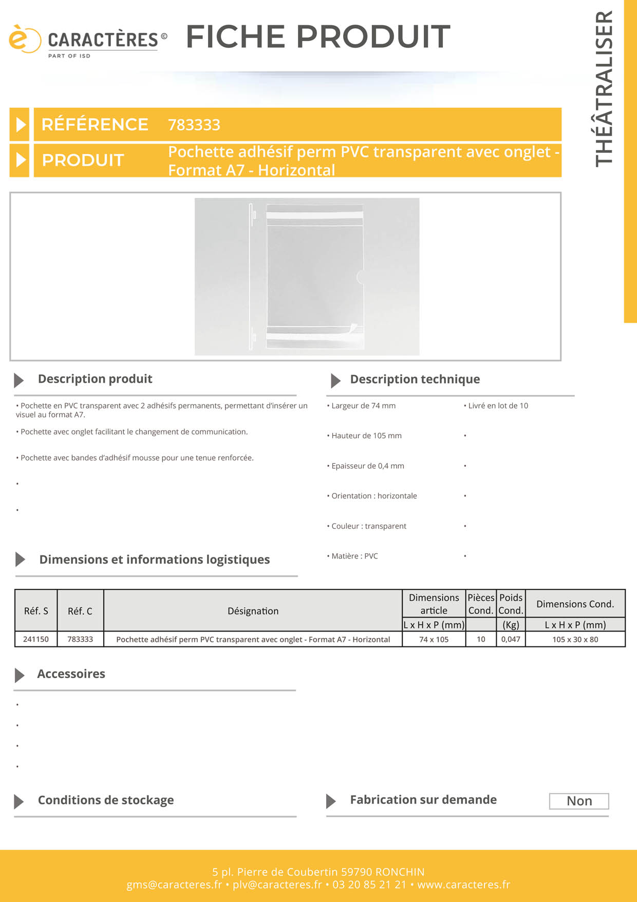 Pochette adhésif perm PVC transparent avec onglet - Format A7 - Horizontal
