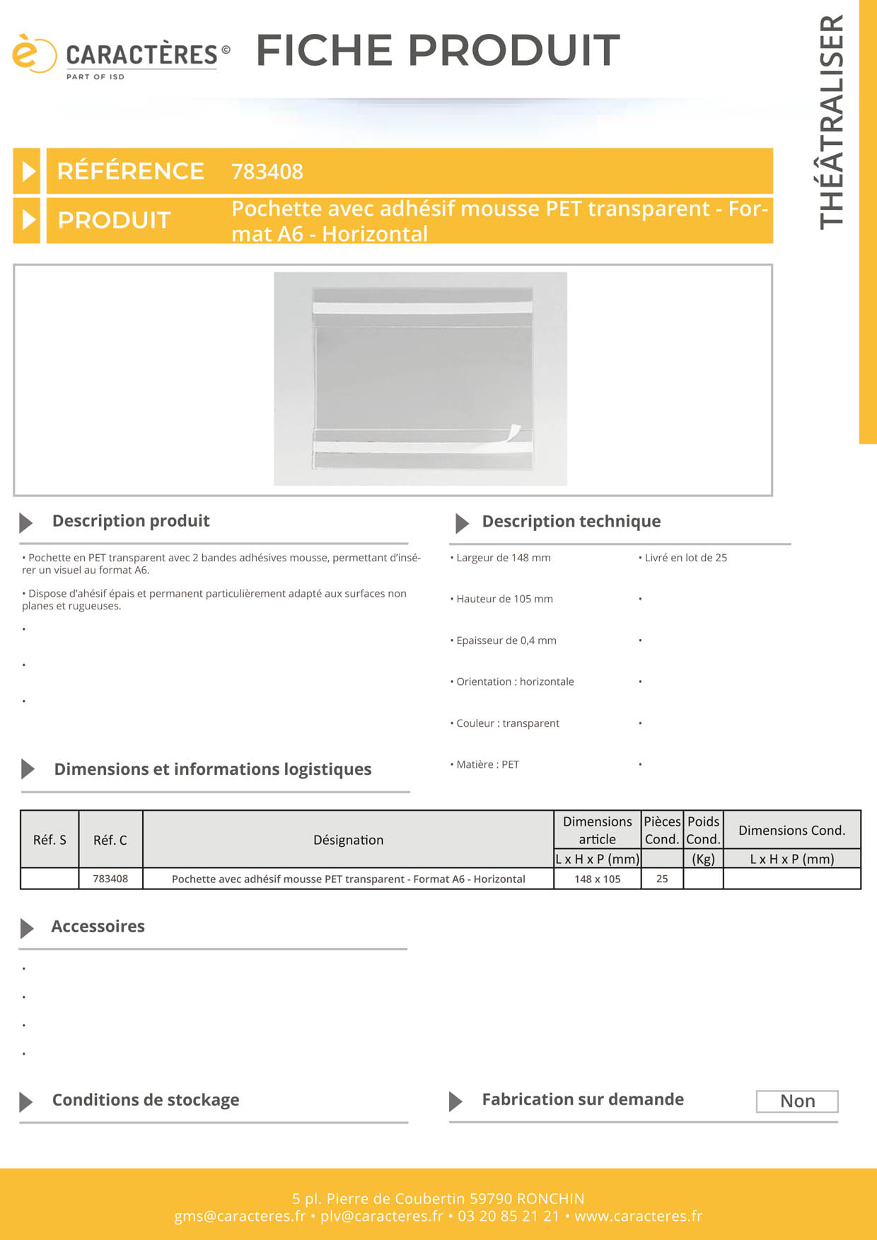 Pochette avec adhésif mousse PET transparent - Format A6 - Horizontal