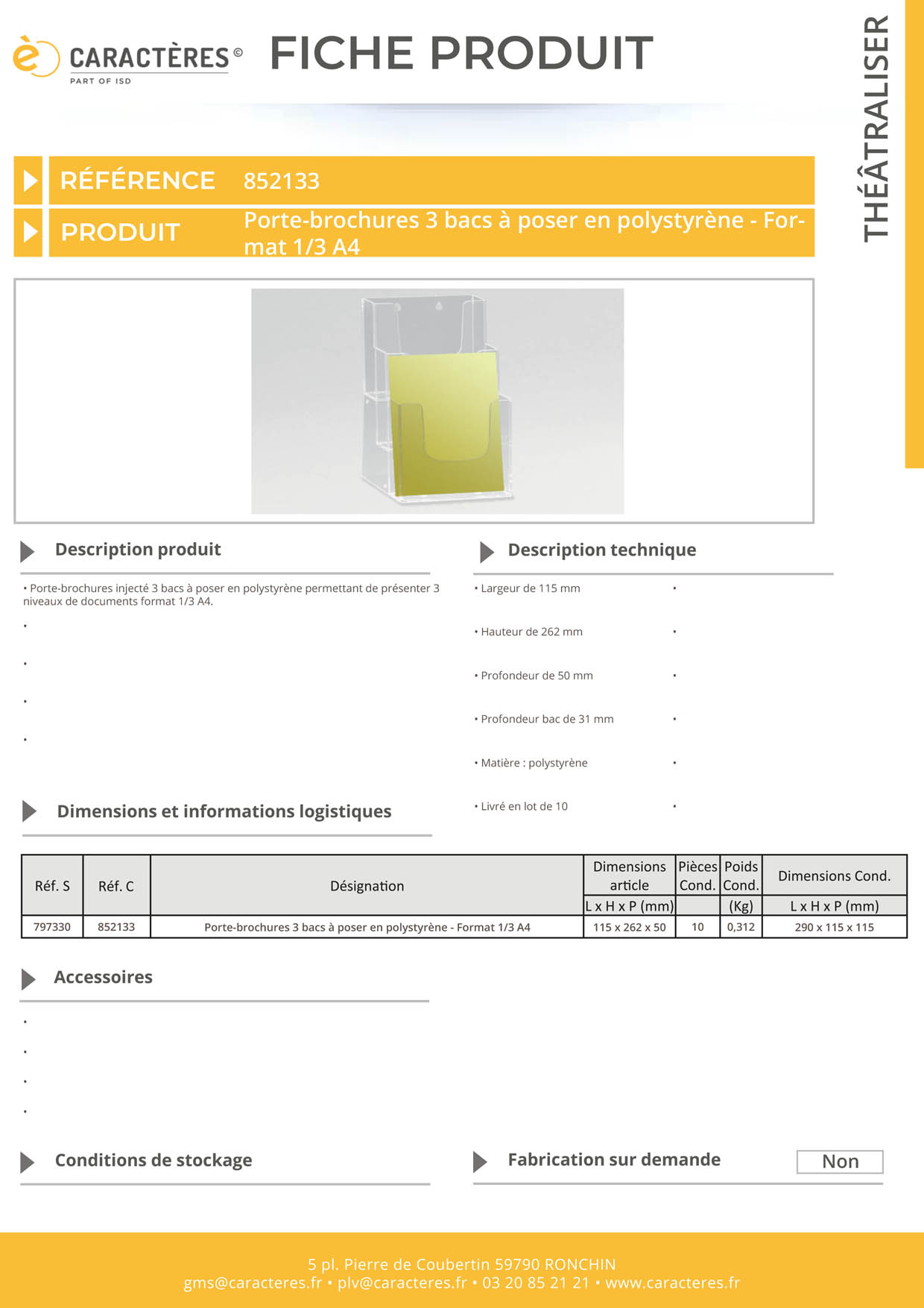 Porte-brochures 3 bacs à poser en polystyrène - Format 1/3 A4