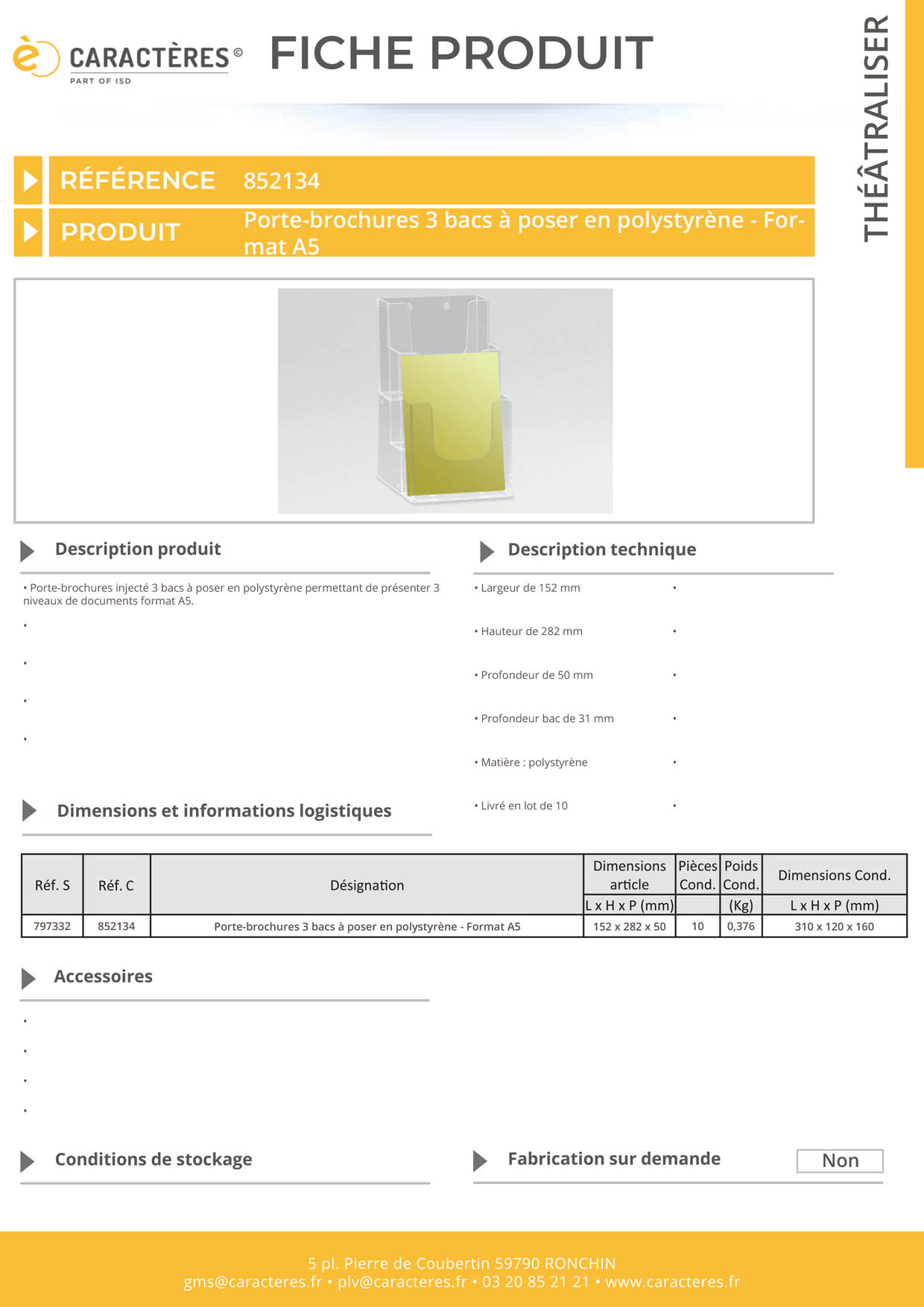 Porte-brochures 3 bacs à poser en polystyrène - Format A5