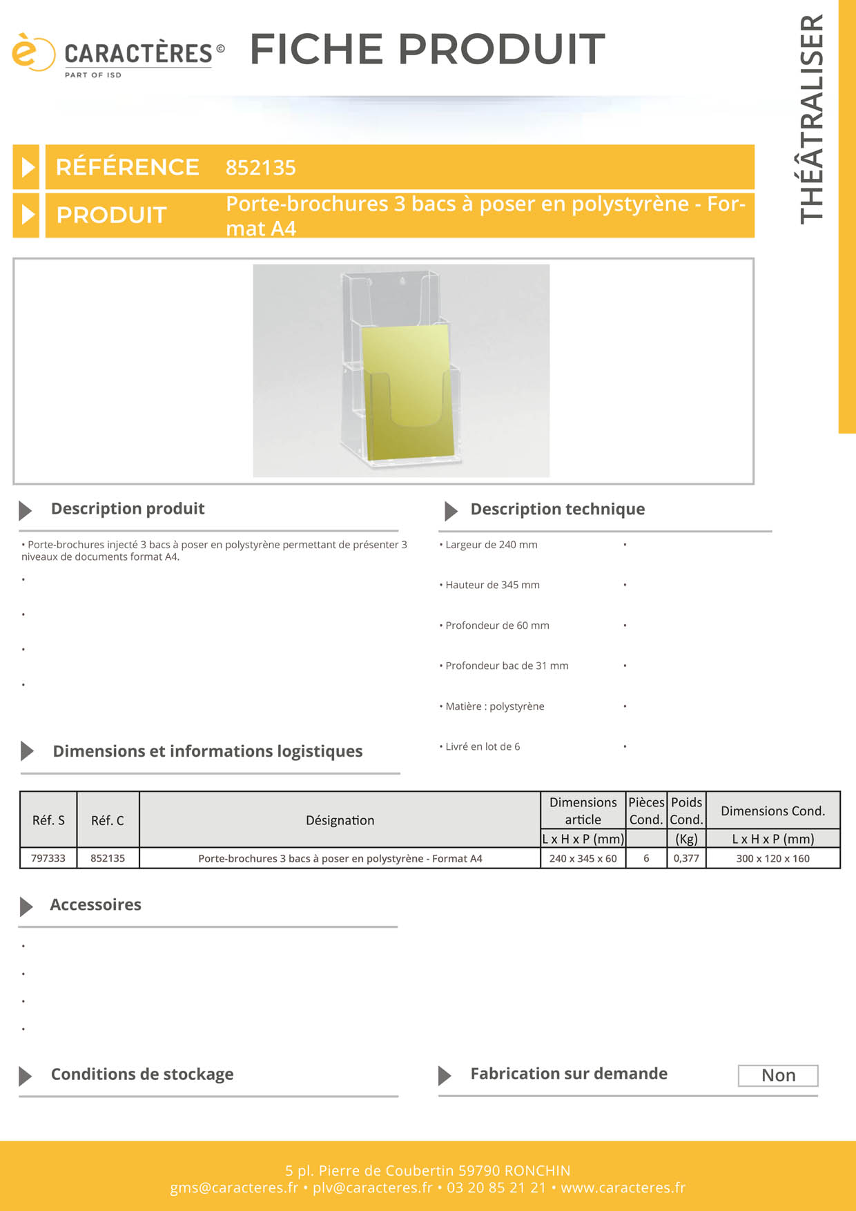 Porte-brochures 3 bacs à poser en polystyrène - Format A4