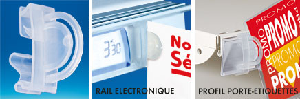 Accroche-clip "drapeau" pour rail éléctronique et porte-etiquette