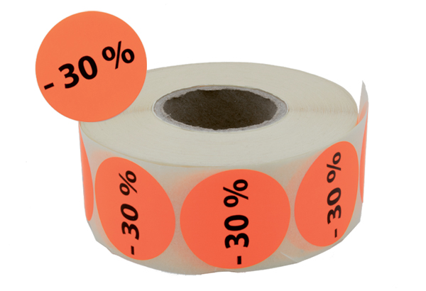 Pastilles "-30%" fluo adhésives Ø 38 mm en rouleau de 1000