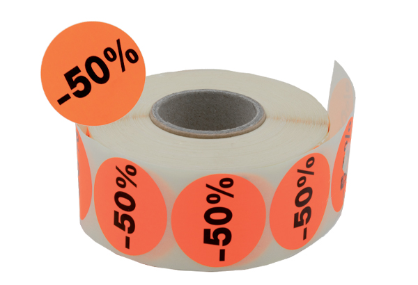 Pastilles "-50%" fluo adhésives Ø 38 mm en rouleau de 1000