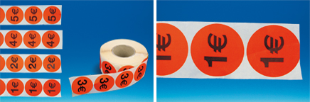 Pastilles "1€" fluo adhésives Ø 38 mm en rouleau de 1000
