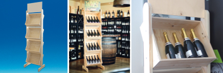 Présentoir bouteilles en bois avec porte-fronton amovible Présentoir bouteilles en bois avec porte-fronton amovible