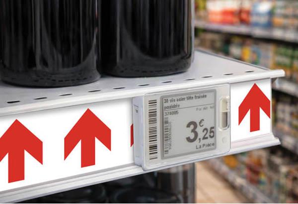 Bande décorative pour rail étiquette électronique de 50 m x 34 mm - Flêche rouge fond blanc