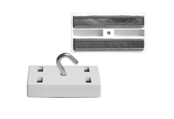 Aimant rectangulaire blanc avec crochet ouvert en métal - 53 x 28 mm et force de 15 kg