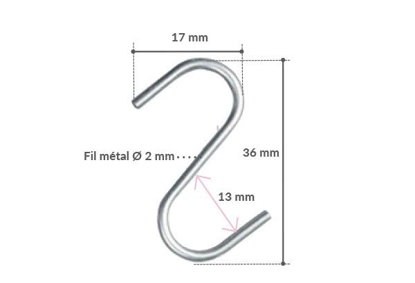 Crochet S en métal - Fil de Ø 2 mm - Hauteur 36 mm