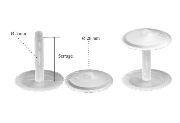 Bouton pression clip de Ø 28 mm translucide avec serrage permanent de 5 à 18 mm