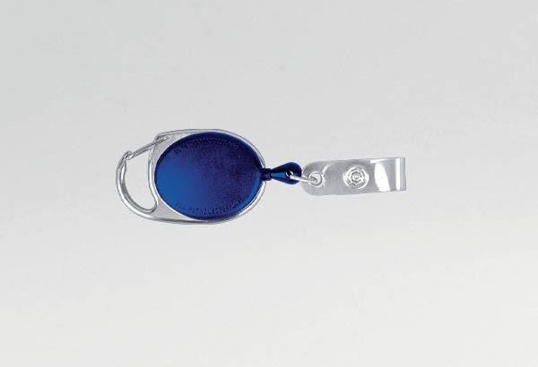 Enrouleur bleu avec mousqueton pour badge - Longueur totale de 920 mm