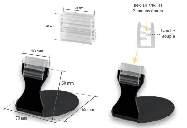 Base à poser de 65 x 70 mm avec grip de 20 x 25 mm en PVC noir - Tige de 50 mm