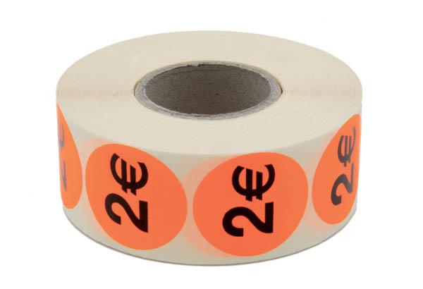 Pastilles "2€" fluo adhésives Ø 38 mm en rouleau de 1000