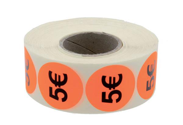 Pastilles "5€" fluo adhésives Ø 38 mm en rouleau de 1000