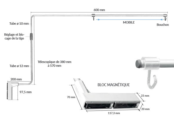 Potence murale réhaussée avec bloc magn télescopique - De 380 à 570 mm Potence murale réhaussée avec bloc magn télescopique - De 380 à 570 mm