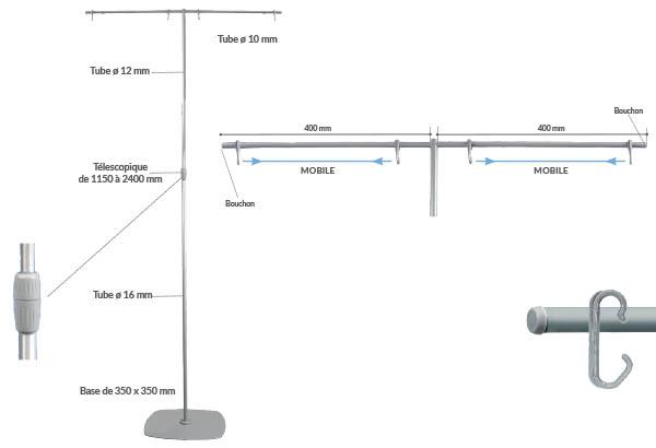 Potence palette double et télescopique en métal gris - De 1150 à 2400 mm Potence palette double et télescopique en métal gris - De 1150 à 2400 mm