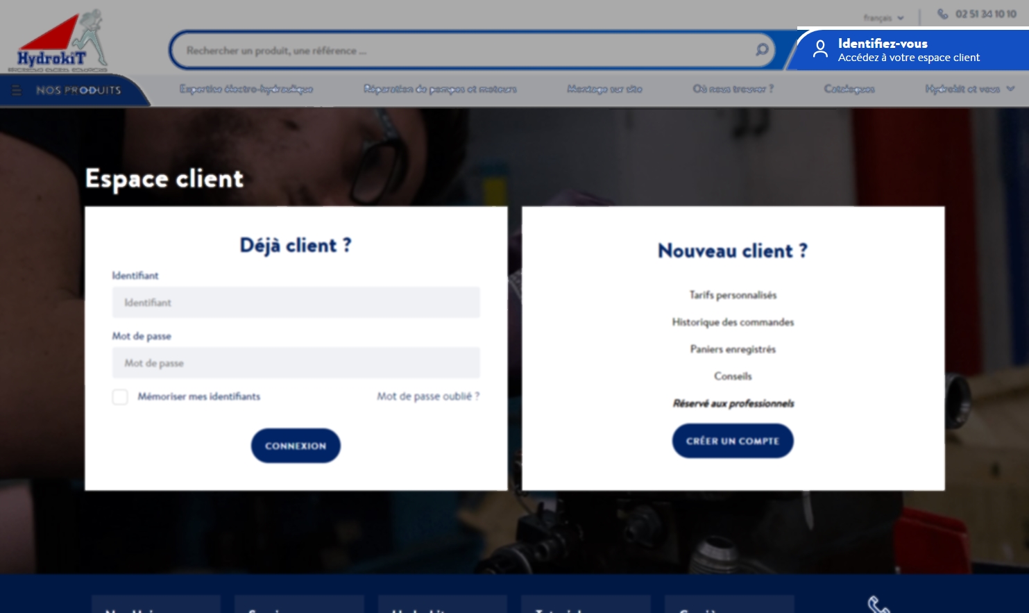 Vue de l'espace client Hydrokit