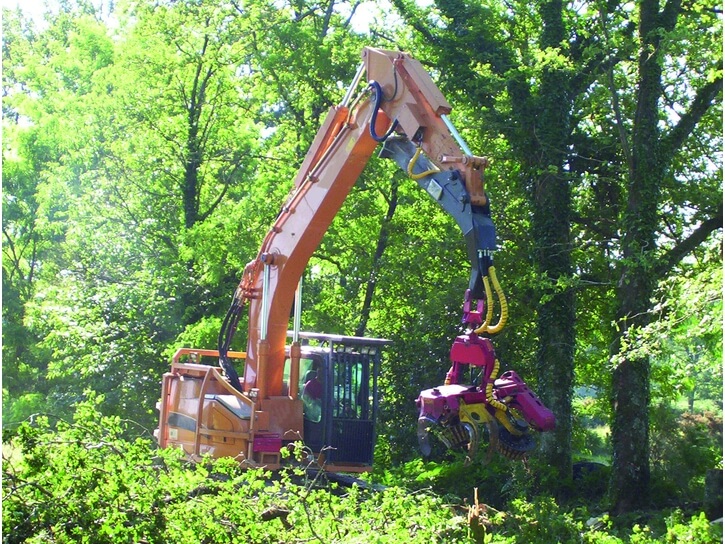 Harvesting head on excavator with auxiliary line