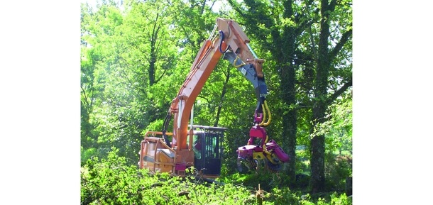 Auxiliary line on excavator with harvester head